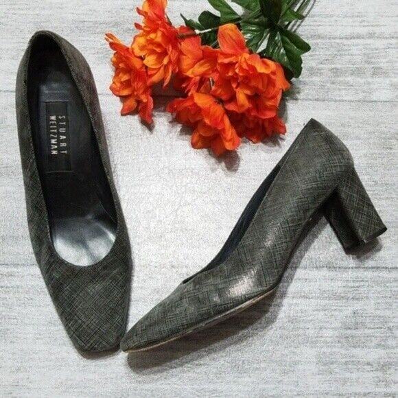 Stuart Weitzman Vintage Metallic Gray Square Toe Heels Women's 9 - Picture 1 of 8